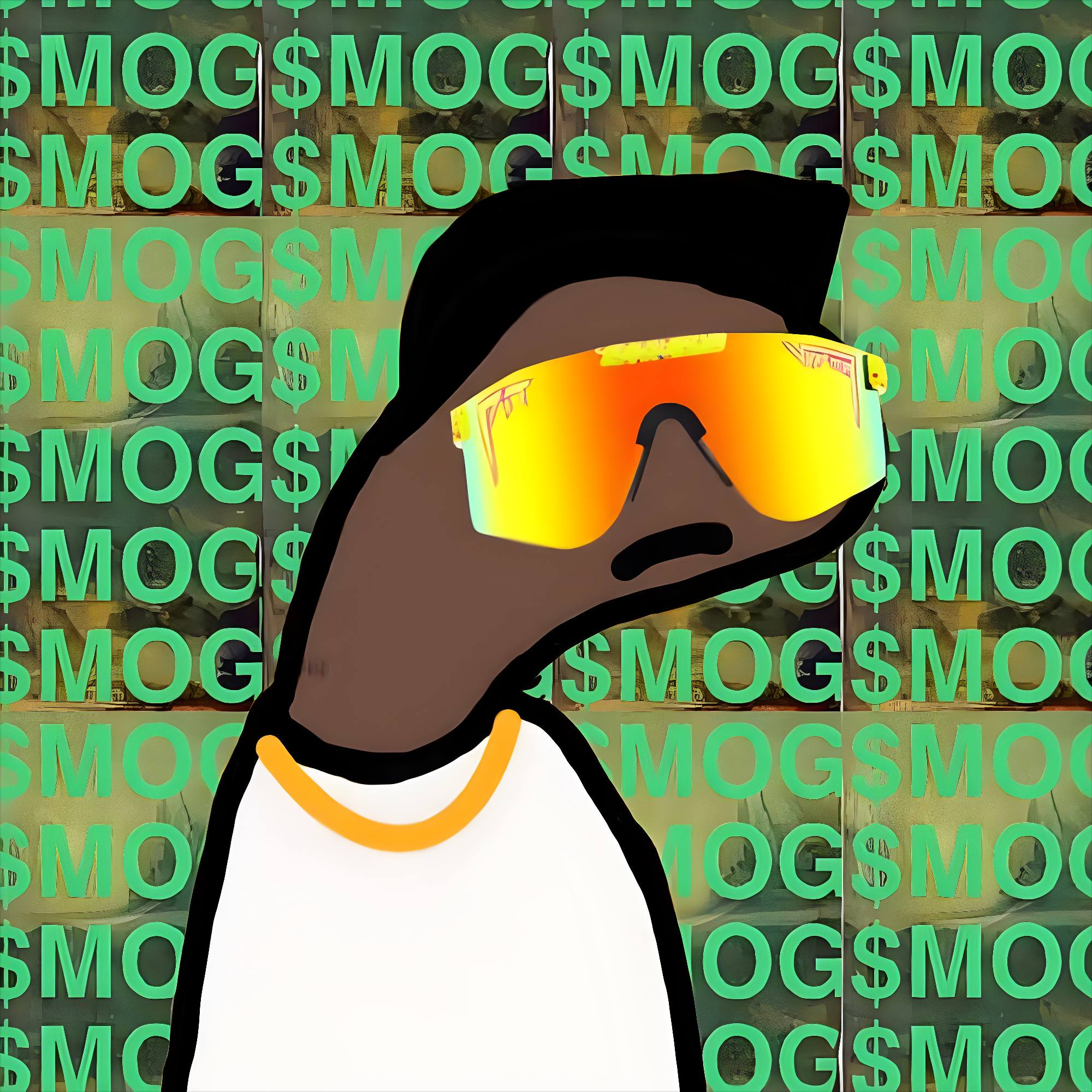$MOGSEM mascot wearing orange mirrored sunglasses and a gold chain